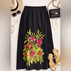 %100 Silk Tropical Floral Black Maxi Skirt